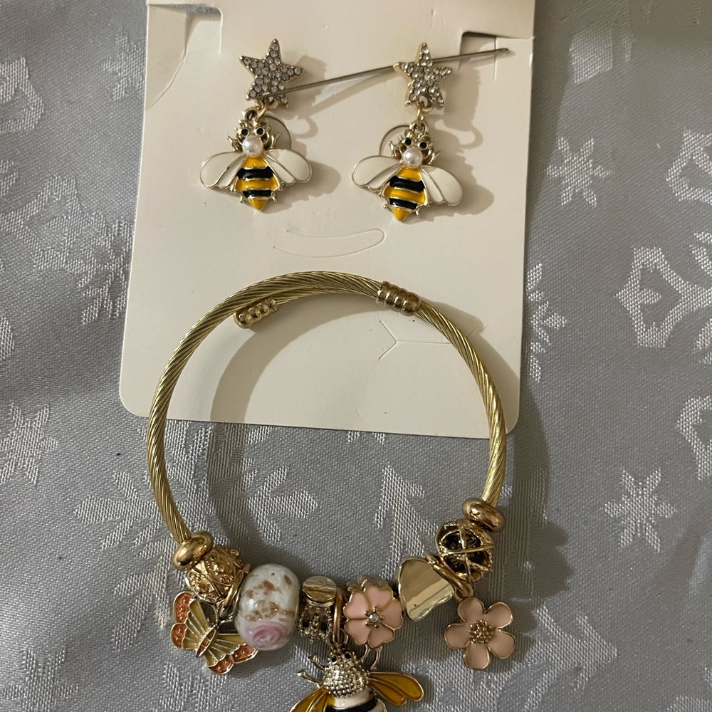 Gold and Pink Charm Bracelet and Bee Earrings Set